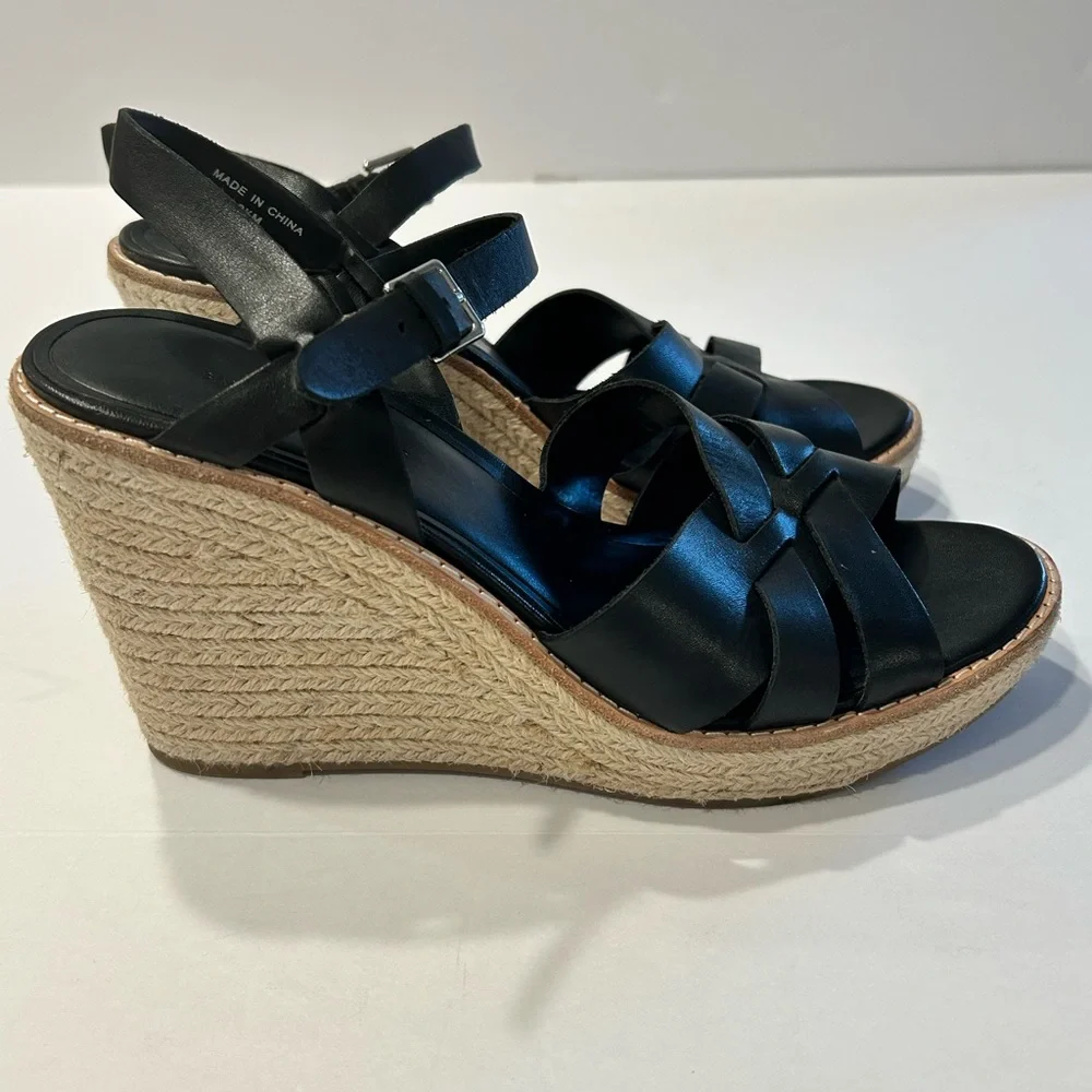 Black Leather Espadrille Wedge Sandals Adjustable Ankle Strap Sz‎ 9.5 Preowned